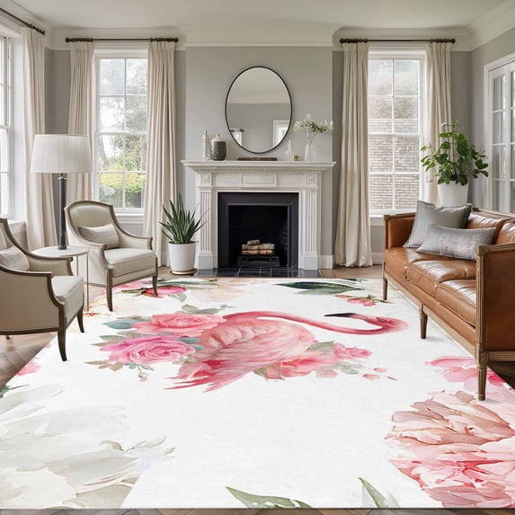 Large Area Rugs for Living Room Bedroom, Pink Flamingo 6'x9' Rug Washable Carpet Runner Indoor Outdoor, Watercolor Flowers Spring Floral Leaf Plant Non Slip Floor Mats Rug for Kitchen, Playroom