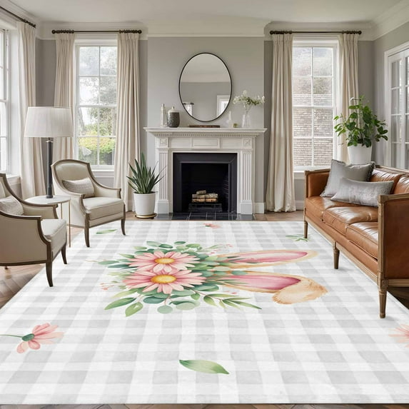 Large Area Rugs for Living Room Bedroom, Pink Floral Easter 8'x10' Rug Washable Carpet Runner Indoor Outdoor, Spring Flowers Grey Checkered Non Slip Floor Mats Rug for Kitchen, Patio