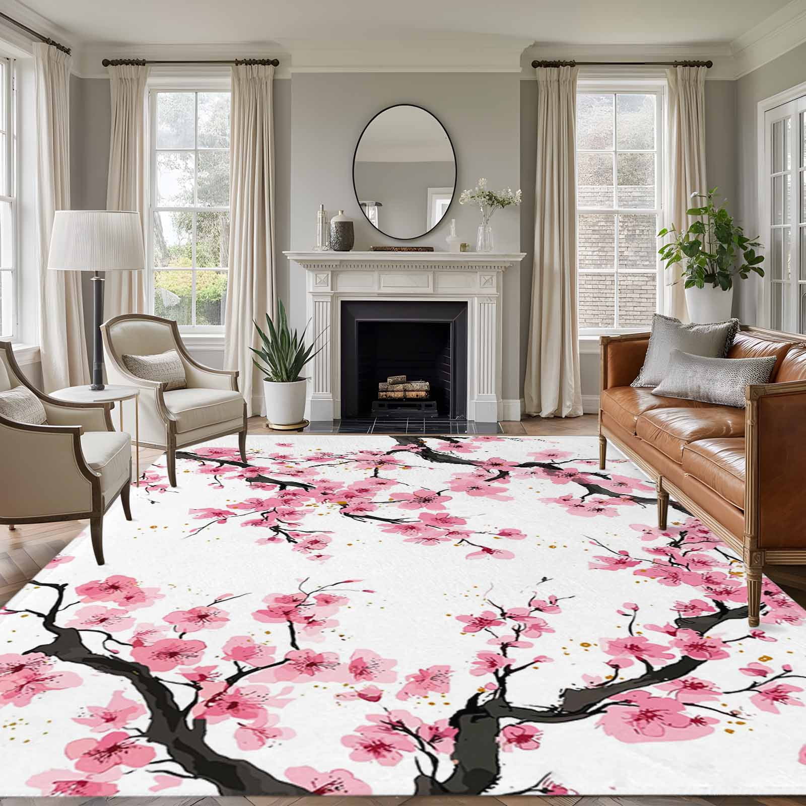 Large Area Rugs for Living Room Bedroom, Pink Flowers 6'x9' Rug Washable Carpet Runner Indoor Outdoor, Pink Blossoms Botanical Floral Branches Non Slip Floor Mats Rug for Kitchen, Playroom