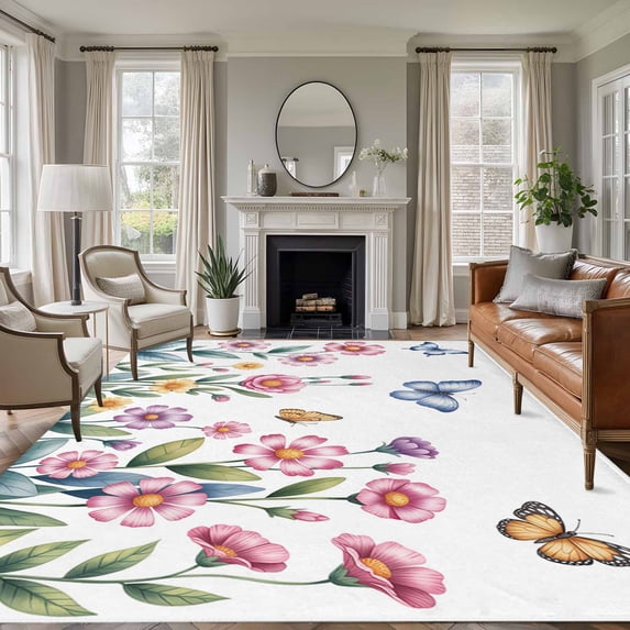 Large Area Rugs for Living Room Bedroom, Pink Flowers 8'x10' Rug Washable Carpet Runner Indoor Outdoor, Spring Floral Butterfly Leaves Plants Pastoral Non Slip Floor Mats Rug for Kitchen, Patio