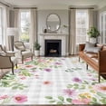thumbnail image 1 of Large Area Rugs for Living Room Bedroom, Pink Purple Flower 8'x10' Rug Washable Carpet Runner Indoor Outdoor, Spring Country Floral Leaf Grey Plaid Non Slip Floor Mats Rug for Kitchen, Patio, 1 of 8
