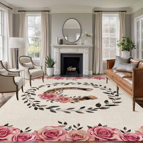 Large Area Rugs for Living Room Bedroom, Pink Roses 6'x9' Rug Washable Carpet Runner Indoor Outdoor, Spring Horseshoes Floral Leaves Rustic Non Slip Floor Mats Rug for Kitchen, Playroom