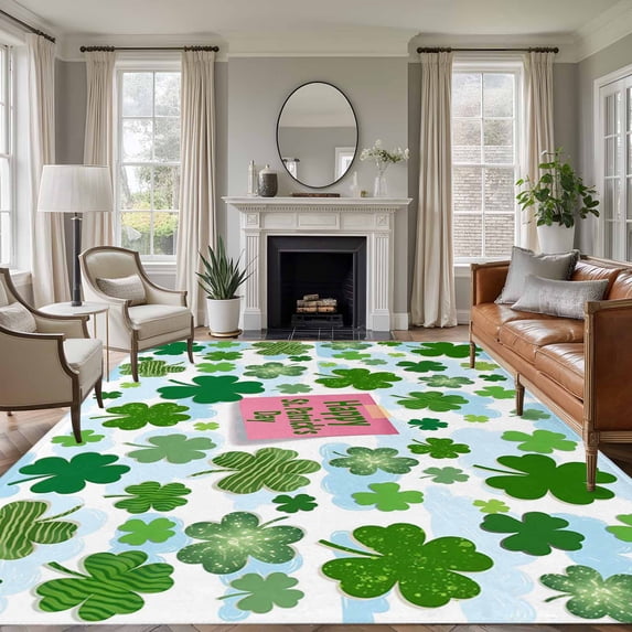 Large Area Rugs for Living Room Bedroom, Pink St. Patrick's Day 5'x8' Rug Washable Carpet Runner Indoor Outdoor, Green Shamrock Leaves Blue Cloud Non Slip Floor Mats Rug for Kitchen, Bathroom