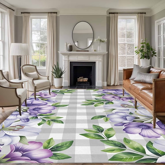 Large Area Rugs for Living Room Bedroom, Purple Flowers 8'x10' Rug Washable Carpet Runner Indoor Outdoor, Spring Floral Leaves Plants Gray Plaid Non Slip Floor Mats Rug for Kitchen, Patio