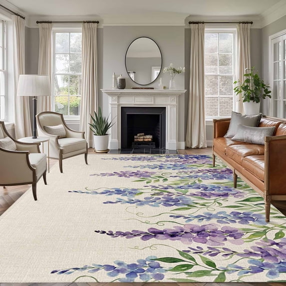 Large Area Rugs for Living Room Bedroom, Purple Flowers 8'x10' Rug Washable Carpet Runner Indoor Outdoor, Weeping Spring Floral Rustic Pastoral Non Slip Floor Mats Rug for Kitchen, Patio
