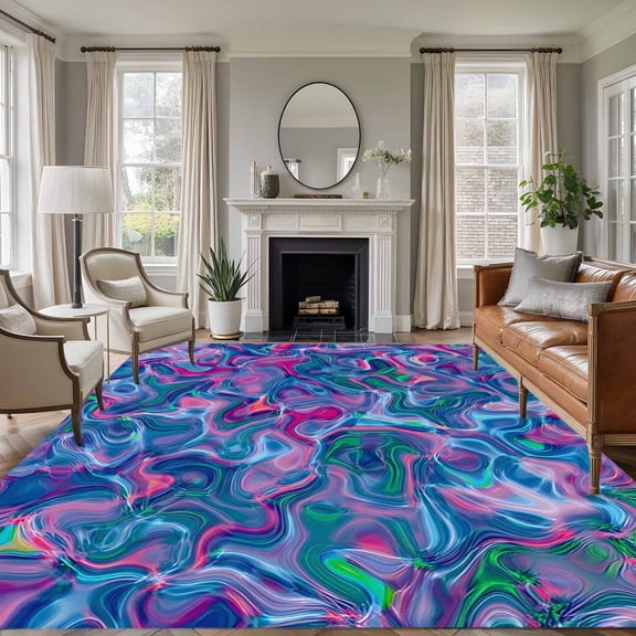 Large Area Rugs for Living Room Bedroom, Purple Green Waves 6'x9' Rug Washable Carpet Runner Indoor Outdoor, Modern Abstract Art Non Slip Floor Mats Rug for Kitchen, Playroom