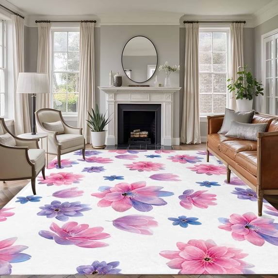 Large Area Rugs for Living Room Bedroom, Purple Pink Spring Floral 8'x10' Rug Washable Carpet Runner Indoor Outdoor, Summer Botanical Flower Non Slip Floor Mats Rug for Kitchen, Patio