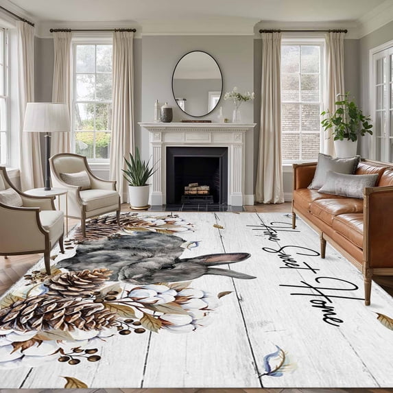 Large Area Rugs for Living Room Bedroom, Rabbits Pine Cone 6'x9' Rug Washable Carpet Runner Indoor Outdoor, Sweet Home Texture Farmhouse Grey Wooden Non Slip Floor Mats Rug for Kitchen, Playroom
