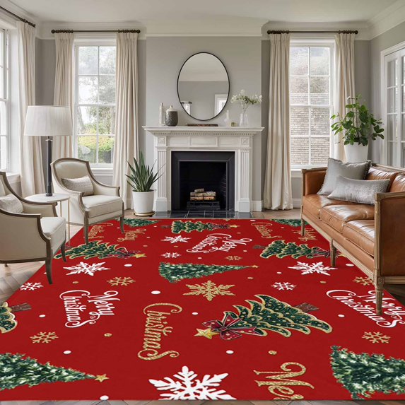 Large Area Rugs for Living Room Bedroom, Red Christmas 5'x8' Rug Washable Carpet Runner Indoor Outdoor, Xmas Tree Snowflake Stars Farmhouse Non Slip Floor Mats Rug for Kitchen, Bathroom