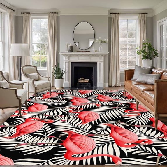 Large Area Rugs for Living Room Bedroom, Red Flamingo 6'x9' Rug Washable Carpet Runner Indoor Outdoor, Summer Tropical Plants Leaves Botanical Black Non Slip Floor Mats Rug for Kitchen, Playroom