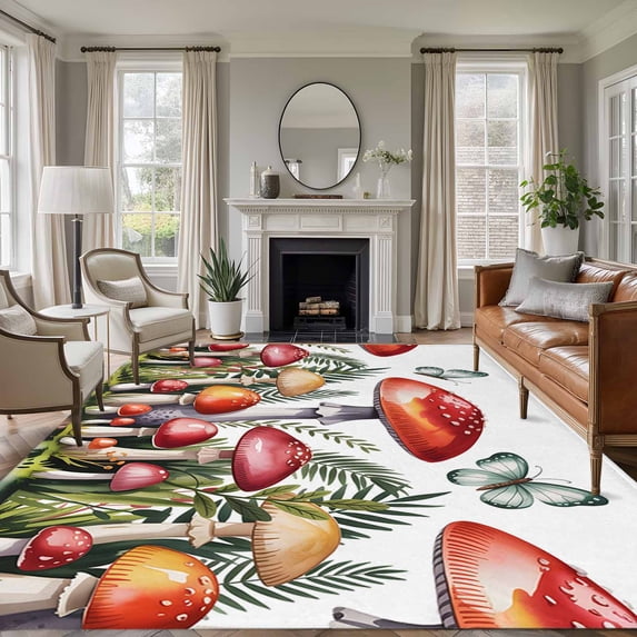 Large Area Rugs for Living Room Bedroom, Red Mushrooms 8'x10' Rug Washable Carpet Runner Indoor Outdoor, Spring Forest Leaves Butterfly Plants Non Slip Floor Mats Rug for Kitchen, Patio