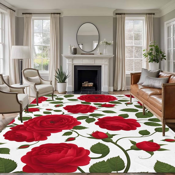 Large Area Rugs for Living Room Bedroom, Red Roses 8'x10' Rug Washable Carpet Runner Indoor Outdoor, Valentine's Day Flowers Leaves Romantic Non Slip Floor Mats Rug for Kitchen, Patio