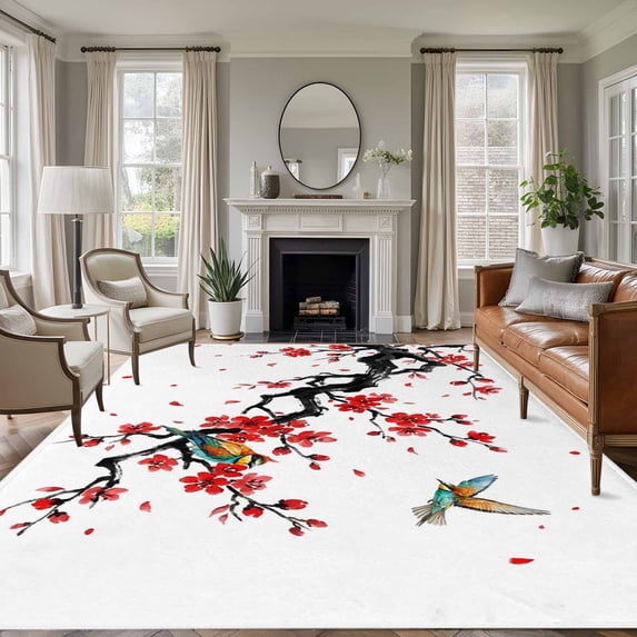 Large Area Rugs for Living Room Bedroom, Red Spring Floral 5'x8' Rug Washable Carpet Runner Indoor Outdoor, Birds Branches Watercolor Flowers Non Slip Floor Mats Rug for Kitchen, Bathroom