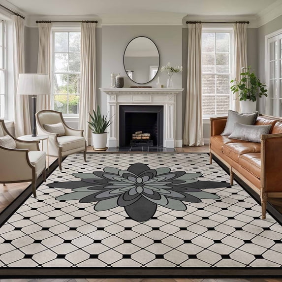 Large Area Rugs for Living Room Bedroom, Retro Flowers 8'x10' Rug Washable Carpet Runner Indoor Outdoor, Boho Ethnic Retro Abstract Florals Grid Non Slip Floor Mats Rug for Kitchen, Patio