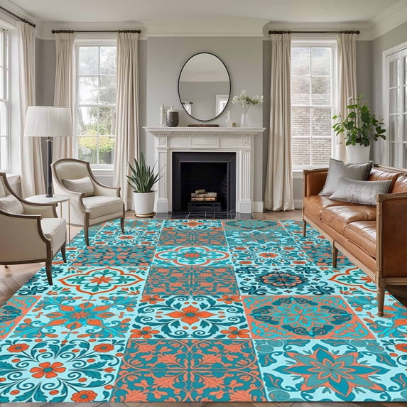 Large Area Rugs for Living Room Bedroom, Retro Middle Century 8'x10' Rug Washable Carpet Runner Indoor Outdoor, Rustic Bohemia Style Aztec Blue Non Slip Floor Mats Rug for Kitchen, Patio
