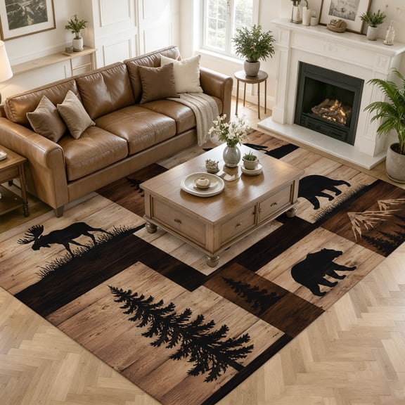 Large Area Rugs for Living Room Bedroom, Rustic Farmhouse 8'x10' Rug Washable Carpet Runner Indoor Outdoor, Vintage Wildlife Bear Paw Pine Trees Wooden Non Slip Floor Mats Rug for Kitchen, Patio