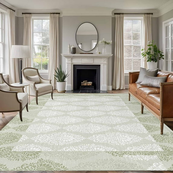 Large Area Rugs for Living Room Bedroom, Sage Green 8'x10' Rug Washable Carpet Runner Indoor Outdoor, Vintage Elegant Abstract Art Non Slip Floor Mats Rug for Kitchen, Patio