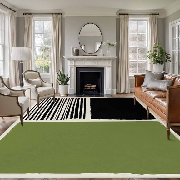 Large Area Rugs for Living Room Bedroom, Sage Green Black 8'x10' Rug Washable Carpet Runner Indoor Outdoor, Farmhouse Striped Modern Abstract Art Non Slip Floor Mats Rug for Kitchen, Patio
