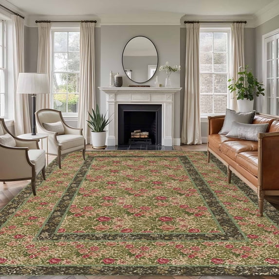 Large Area Rugs for Living Room Bedroom, Sage Green Boho 5'x8' Rug Washable Carpet Runner Indoor Outdoor, Vintage Ethnic Tribe Abstract Art Floral Non Slip Floor Mats Rug for Kitchen, Bathroom