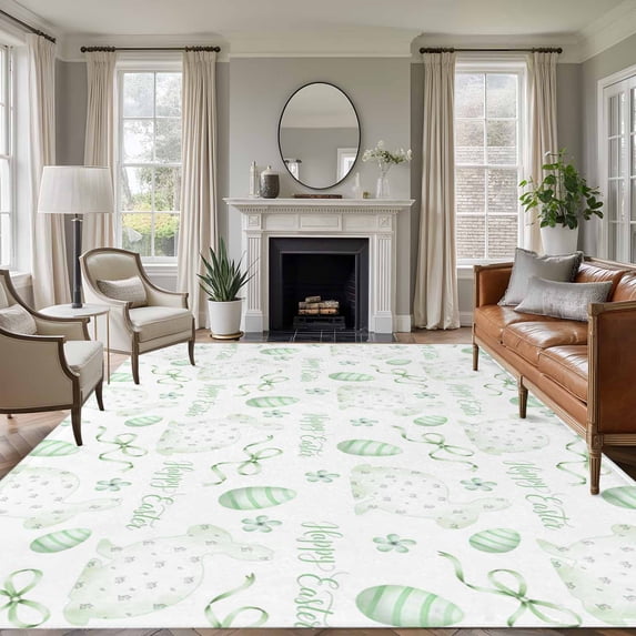Large Area Rugs for Living Room Bedroom, Sage Green Easter 6'x9' Rug Washable Carpet Runner Indoor Outdoor, Watercolor Spring Bunny Eggs Non Slip Floor Mats Rug for Kitchen, Playroom