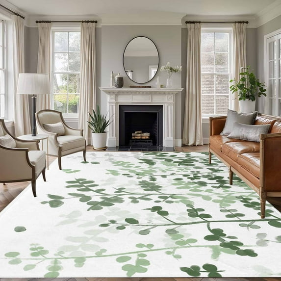 Large Area Rugs for Living Room Bedroom, Sage Green Leaves 8'x10' Rug Washable Carpet Runner Indoor Outdoor, Summer Botanical Non Slip Floor Mats Rug for Kitchen, Patio