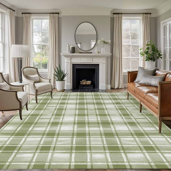Large Area Rugs for Living Room Bedroom, Sage Green Plaid 8'x10' Rug Washable Carpet Runner Indoor Outdoor, Modern Art Checkered Farmhouse Non Slip Floor Mats Rug for Kitchen, Patio