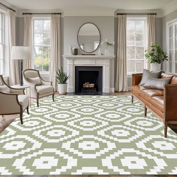 Large Area Rugs for Living Room Bedroom, Sage Green White Geometric 6'x9' Rug Washable Carpet Runner Indoor Outdoor, Modern Abstract Art Non Slip Floor Mats Rug for Kitchen, Playroom