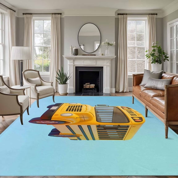 Large Area Rugs for Living Room Bedroom, School Bus 6'x9' Rug Washable Carpet Runner Indoor Outdoor, Cartoon Funny Yellow Transportation Truck Blue Non Slip Floor Mats Rug for Kitchen, Playroom