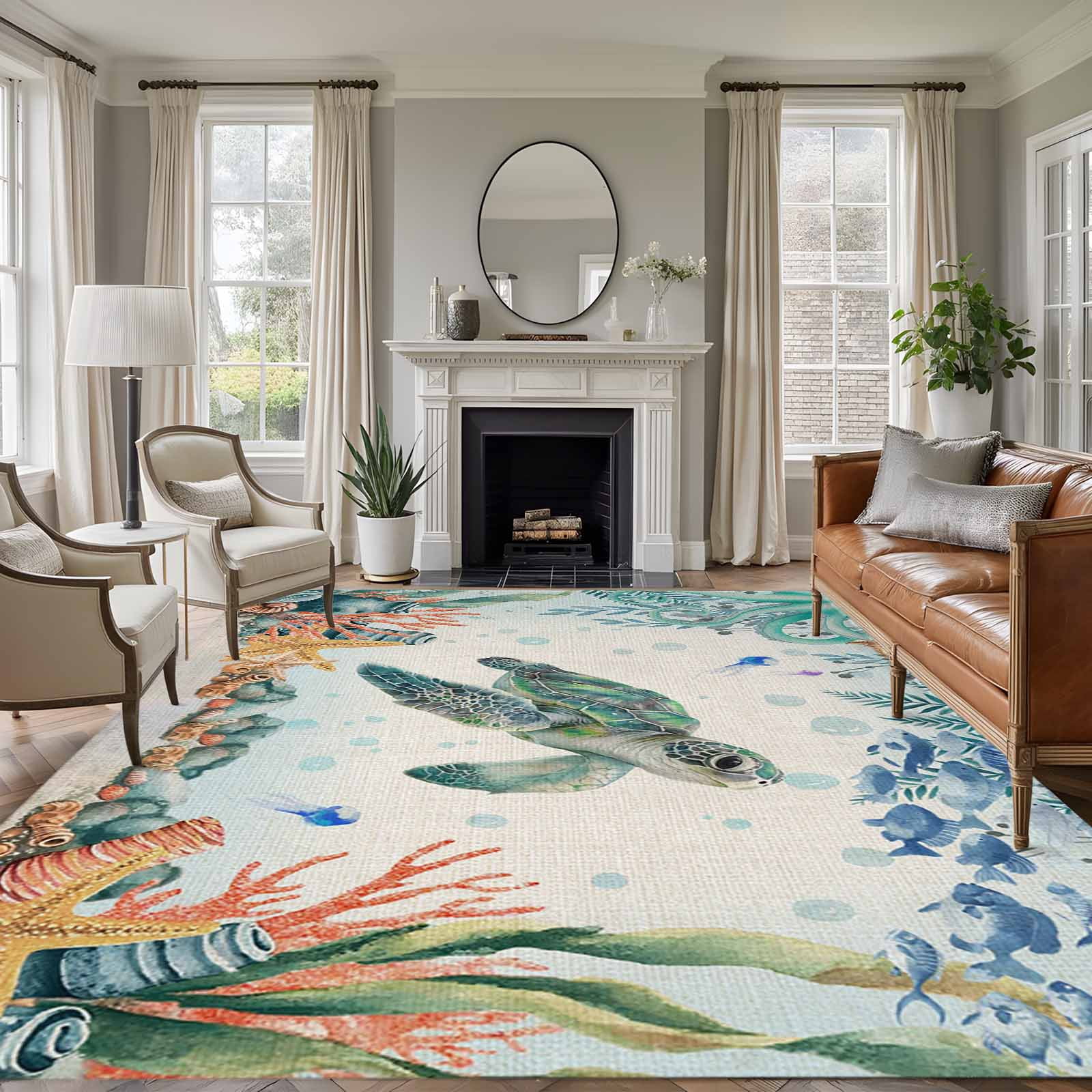 Large Area Rugs for Living Room Bedroom, Sea Turtle Coastal 5'x8' Rug Washable Carpet Runner Indoor Outdoor, Summer Nautical Starfish Coral Beige Non Slip Floor Mats Rug for Kitchen, Bathroom