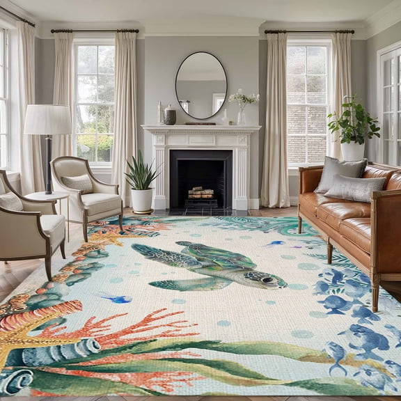 Large Area Rugs for Living Room Bedroom, Sea Turtle Coastal 6'x9' Rug Washable Carpet Runner Indoor Outdoor, Summer Nautical Starfish Coral Beige Non Slip Floor Mats Rug for Kitchen, Playroom