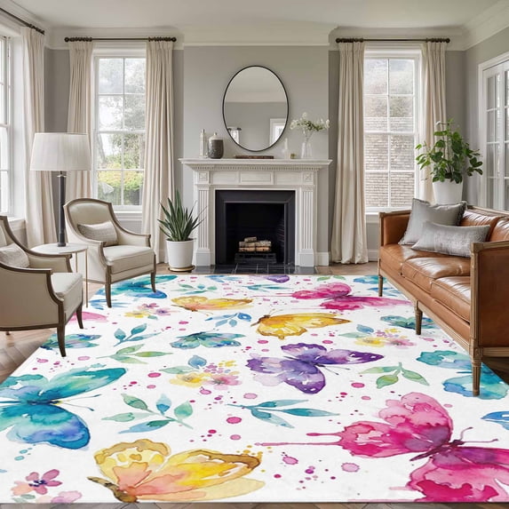 Large Area Rugs for Living Room Bedroom, Spring Colorful Butterflies 8'x10' Rug Washable Carpet Runner Indoor Outdoor, Spring Floral Art Decor Non Slip Floor Mats Rug for Kitchen, Patio