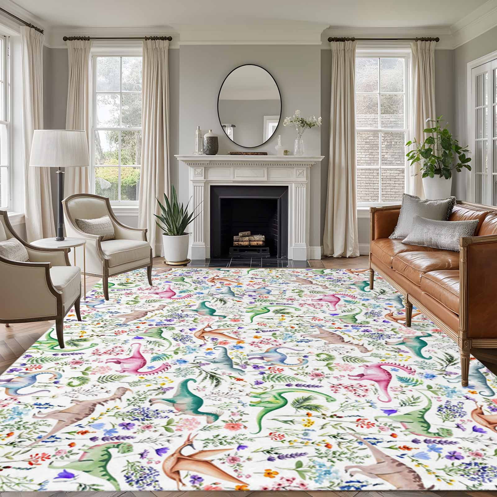 Large Area Rugs for Living Room Bedroom, Spring Dinosaurs 6'x9' Rug Washable Carpet Runner Indoor Outdoor, Farmhouse Botanical Floral Watercolor Non Slip Floor Mats Rug for Kitchen, Playroom