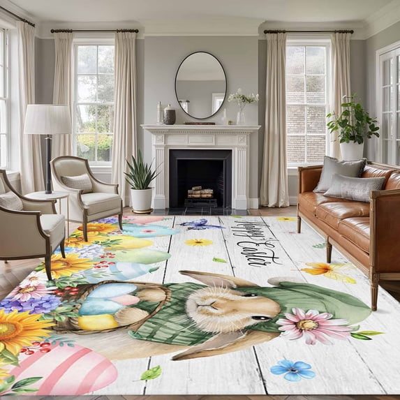 Large Area Rugs for Living Room Bedroom, Spring Easter 8'x10' Rug Washable Carpet Runner Indoor Outdoor, Watercolor Floral Rabbits Eggs Butterflies Wood Non Slip Floor Mats Rug for Kitchen, Patio