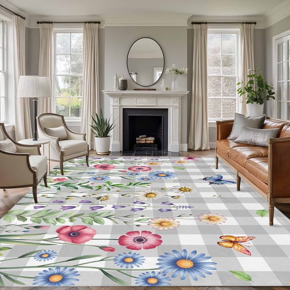 Large Area Rugs for Living Room Bedroom, Spring Floral 5'x8' Rug Washable Carpet Runner Indoor Outdoor, Grey Plaid Pink Blue Flowers Butterfly Non Slip Floor Mats Rug for Kitchen, Bathroom