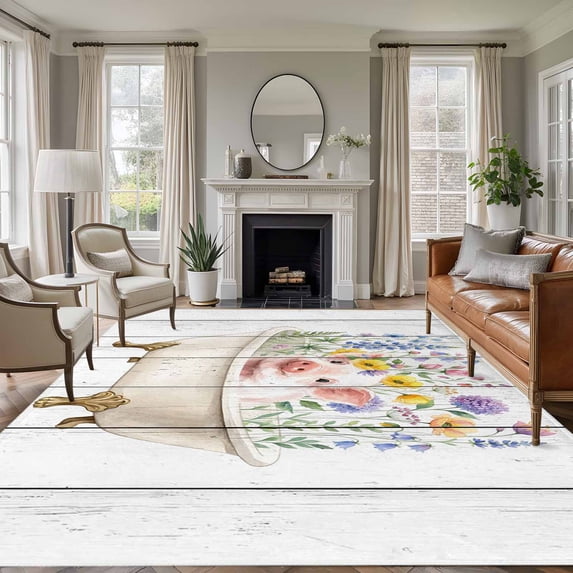 Large Area Rugs for Living Room Bedroom, Spring Floral Pig 5'x8' Rug Washable Carpet Runner Indoor Outdoor, Elegant Flowers Leaves Farmhouse Wooden Non Slip Floor Mats Rug for Kitchen, Bathroom