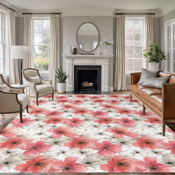 Large Area Rugs for Living Room Bedroom, Spring Flowers 5'x8' Rug Washable Carpet Runner Indoor Outdoor, Farmhouse Chinese Pink White Floral Non Slip Floor Mats Rug for Kitchen, Bathroom