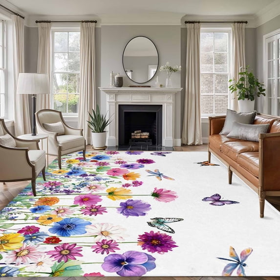 Large Area Rugs for Living Room Bedroom, Spring Flowers 5'x8' Rug Washable Carpet Runner Indoor Outdoor, Watercolor Butterfly Dragonfly Daisy Country Non Slip Floor Mats Rug for Kitchen, Bathroom