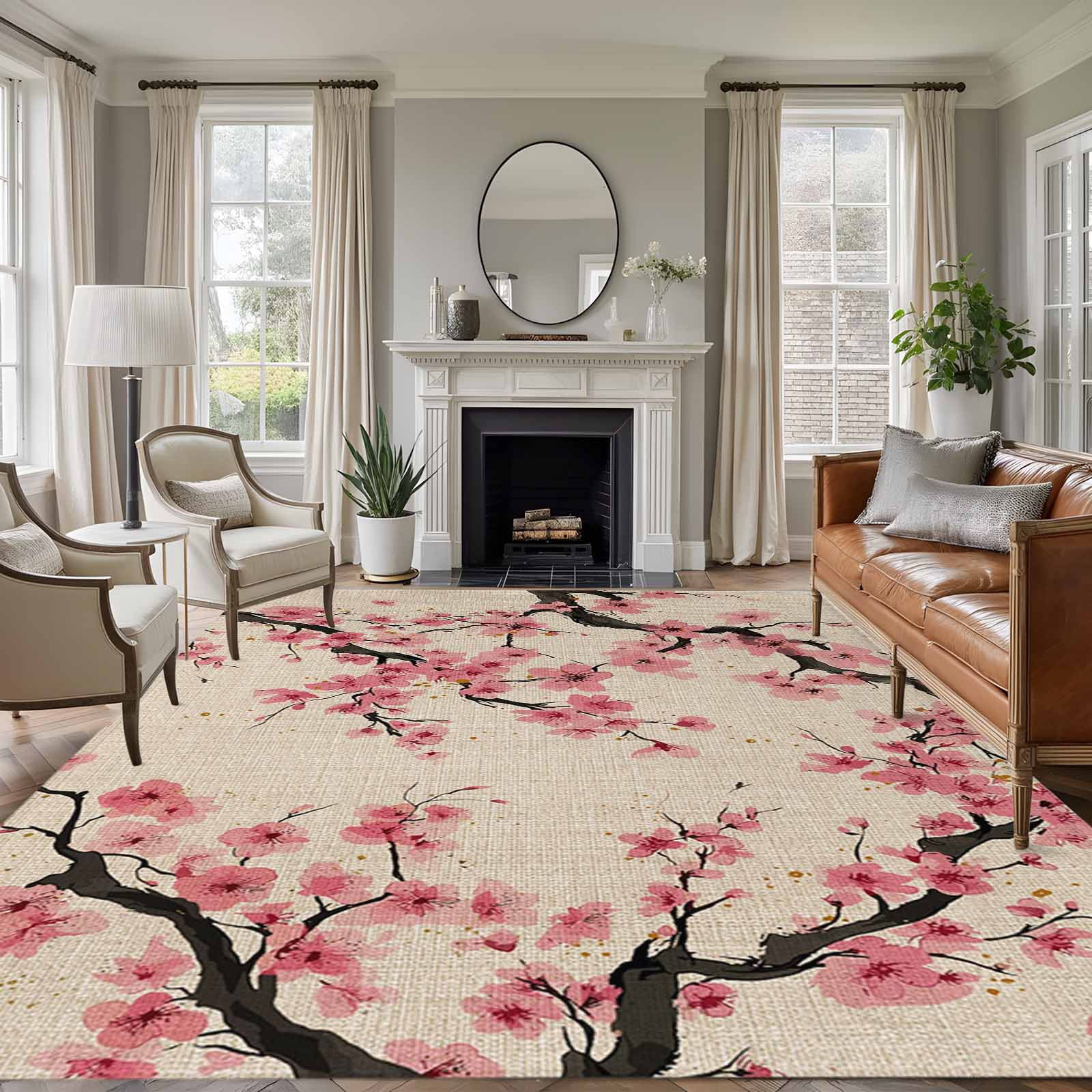 Large Area Rugs for Living Room Bedroom, Spring Flowers 6'x9' Rug Washable Carpet Runner Indoor Outdoor, Country Pink Peach Blossoms Botanical Floral Non Slip Floor Mats Rug for Kitchen, Playroom
