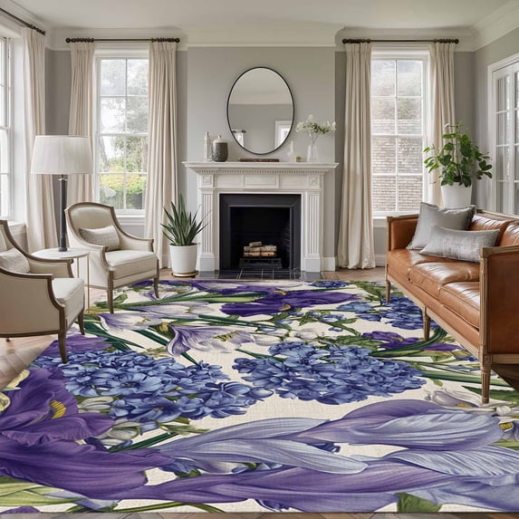 Large Area Rugs for Living Room Bedroom, Spring Flowers 6'x9' Rug Washable Carpet Runner Indoor Outdoor, Purple Hydrangea Orchid Floral Country Beige Non Slip Floor Mats Rug for Kitchen, Playroom