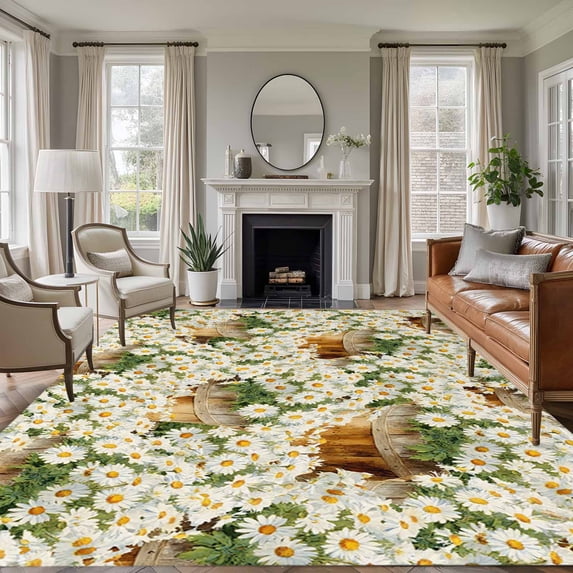 Large Area Rugs for Living Room Bedroom, Spring Flowers 8'x10' Rug Washable Carpet Runner Indoor Outdoor, Botanical Blossom White Daisy Floral Non Slip Floor Mats Rug for Kitchen, Patio