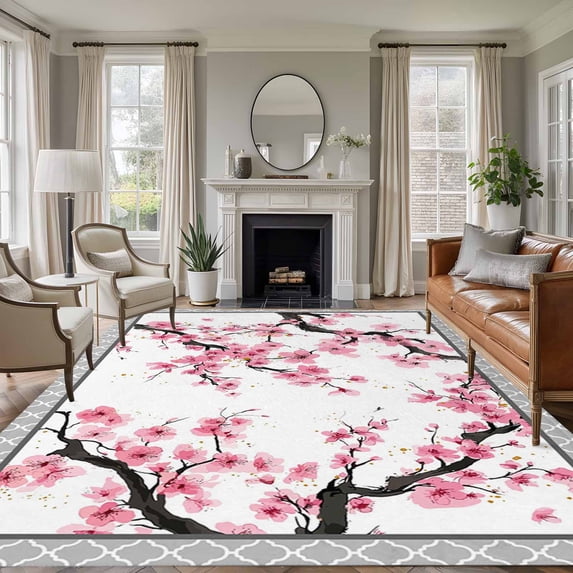 Large Area Rugs for Living Room Bedroom, Spring Pink Flowers 5'x8' Rug Washable Carpet Runner Indoor Outdoor, Botanical Peach Blossoms Floral Non Slip Floor Mats Rug for Kitchen, Bathroom