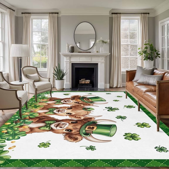 Large Area Rugs for Living Room Bedroom, St. Patrick's Day 5'x8' Rug Washable Carpet Runner Indoor Outdoor, Cute Highland Cow Shamrock Gold Coin Green Non Slip Floor Mats Rug for Kitchen, Bathroom