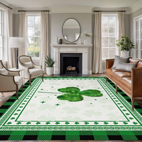 Large Area Rugs for Living Room Bedroom, St. Patrick's Day 5'x8' Rug Washable Carpet Runner Indoor Outdoor, Green Shamrock Buffalo Plaid Spring Non Slip Floor Mats Rug for Kitchen, Bathroom