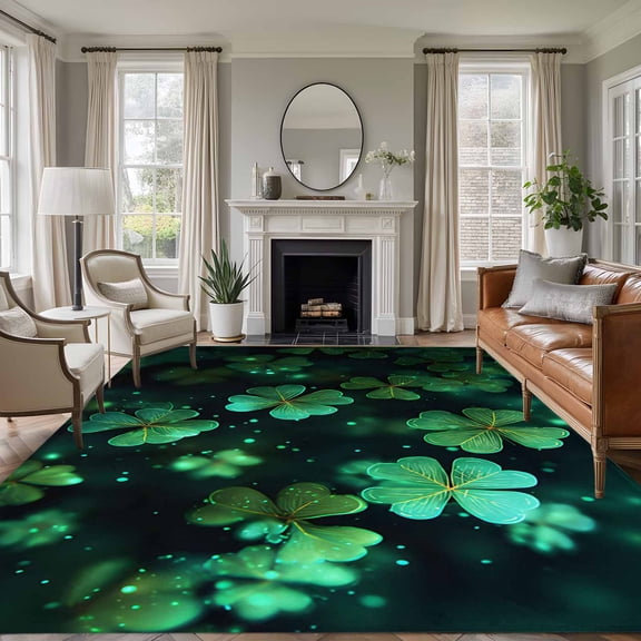 Large Area Rugs for Living Room Bedroom, St. Patrick's Day 5'x8' Rug Washable Carpet Runner Indoor Outdoor, Spring Green Clovers Botanical Herbs Non Slip Floor Mats Rug for Kitchen, Bathroom