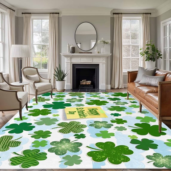 Large Area Rugs for Living Room Bedroom, St. Patrick's Day 5'x8' Rug Washable Carpet Runner Indoor Outdoor, Spring Lucky Green Shamrock Cloud Blue Non Slip Floor Mats Rug for Kitchen, Bathroom