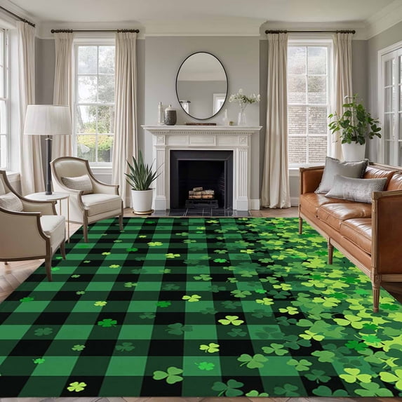 Large Area Rugs for Living Room Bedroom, St. Patrick's Day 5'x8' Rug Washable Carpet Runner Indoor Outdoor, Spring Shamrocks Farmhouse Green Checkered Non Slip Floor Mats Rug for Kitchen, Bathroom