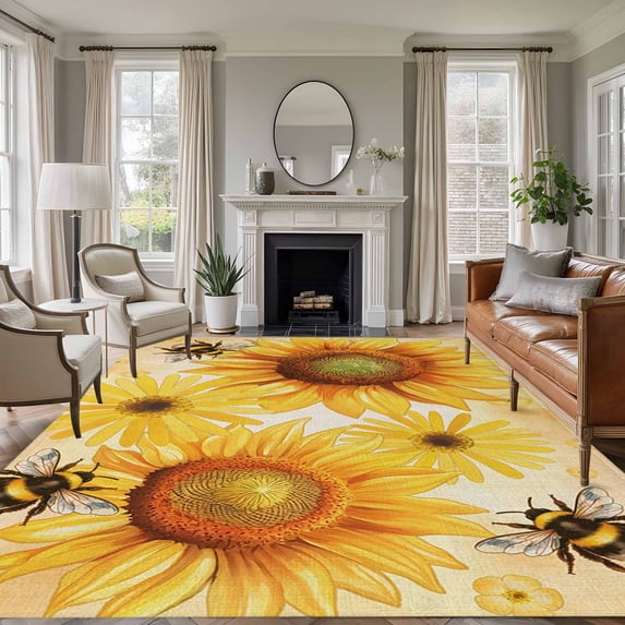 Large Area Rugs for Living Room Bedroom, Sunflower 5'x8' Rug Washable Carpet Runner Indoor Outdoor, Yellow Floral Elegant Pastoral Flowers Rustic Non Slip Floor Mats Rug for Kitchen, Bathroom