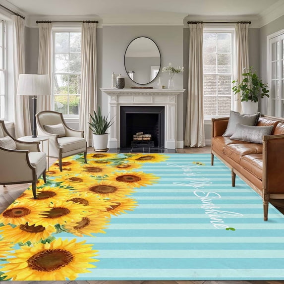Large Area Rugs for Living Room Bedroom, Sunflower 5'x8' Rug Washable Carpet Runner Indoor Outdoor, Yellow Summer Botanical Blue Striped Farmhouse Non Slip Floor Mats Rug for Kitchen, Bathroom