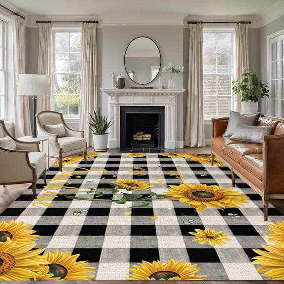 Large Area Rugs for Living Room Bedroom, Sunflower Checked 8'x10' Rug Washable Carpet Runner Indoor Outdoor, Vintage Garden Floral Bees Farmhouse Non Slip Floor Mats Rug for Kitchen, Patio