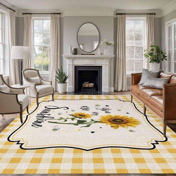 Large Area Rugs for Living Room Bedroom, Sunflowers 6'x9' Rug Washable Carpet Runner Indoor Outdoor, Yellow Floral Botanical Checkered Rustic Non Slip Floor Mats Rug for Kitchen, Playroom